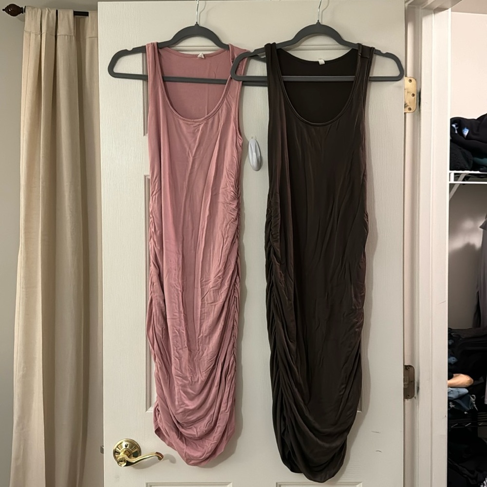 TWO Pinkblush Ruched Maternity Midi Tank Dresses - Pink & Olive Green - Size M